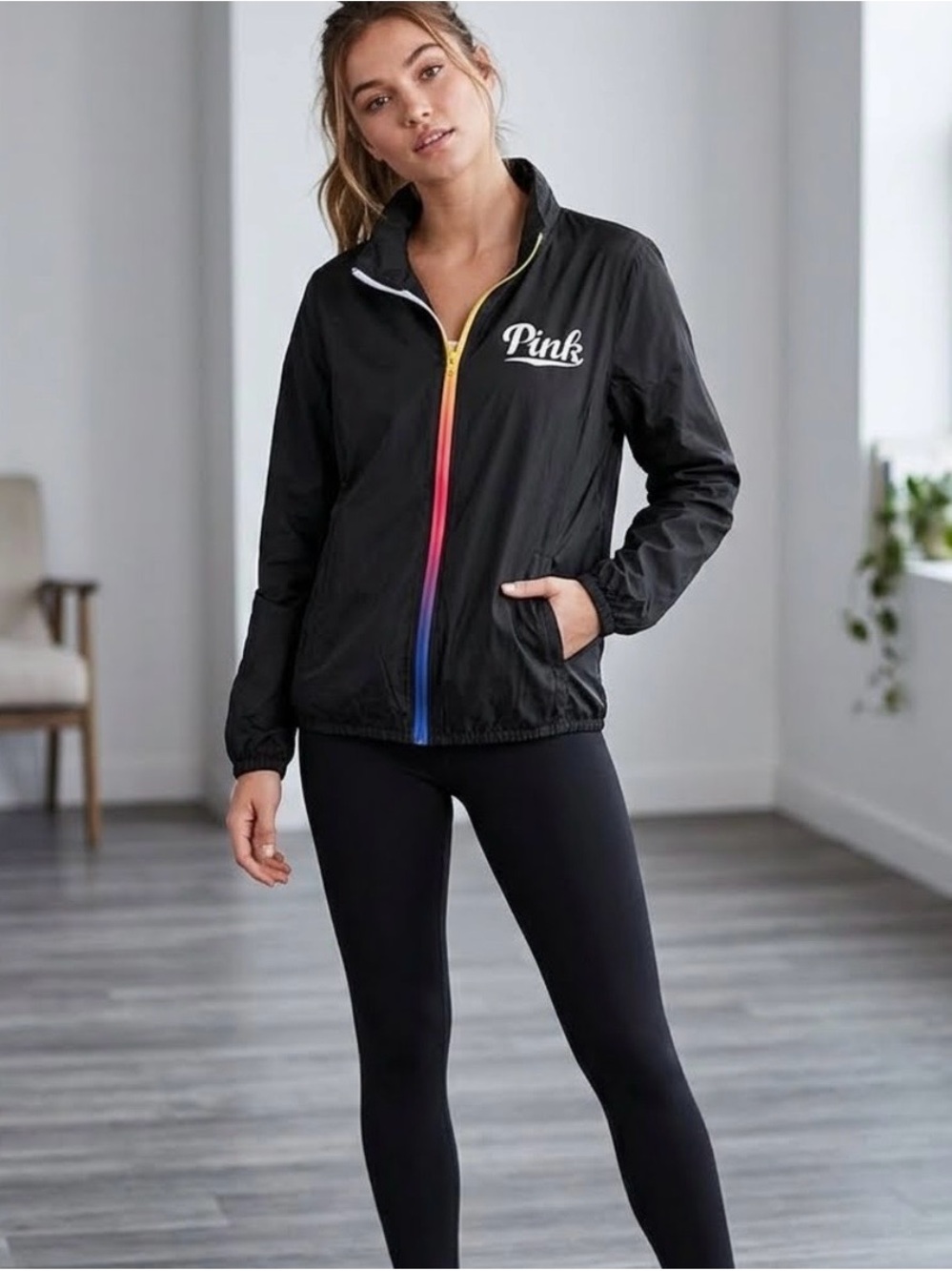 PINK Victoria's Secret Black Windbreaker with Rainbow Zip